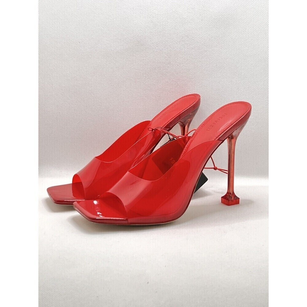 Red Vinyl Spool Heeled Open Square Toe Slides 7.5 Transparent Mules x Forever21